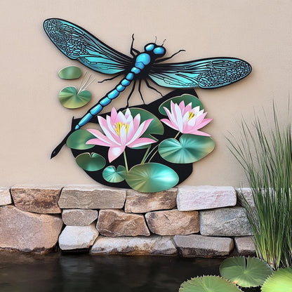 UV Printed Aluminum Dragonfly Water Lily Wall Art, Garden Pond Decor