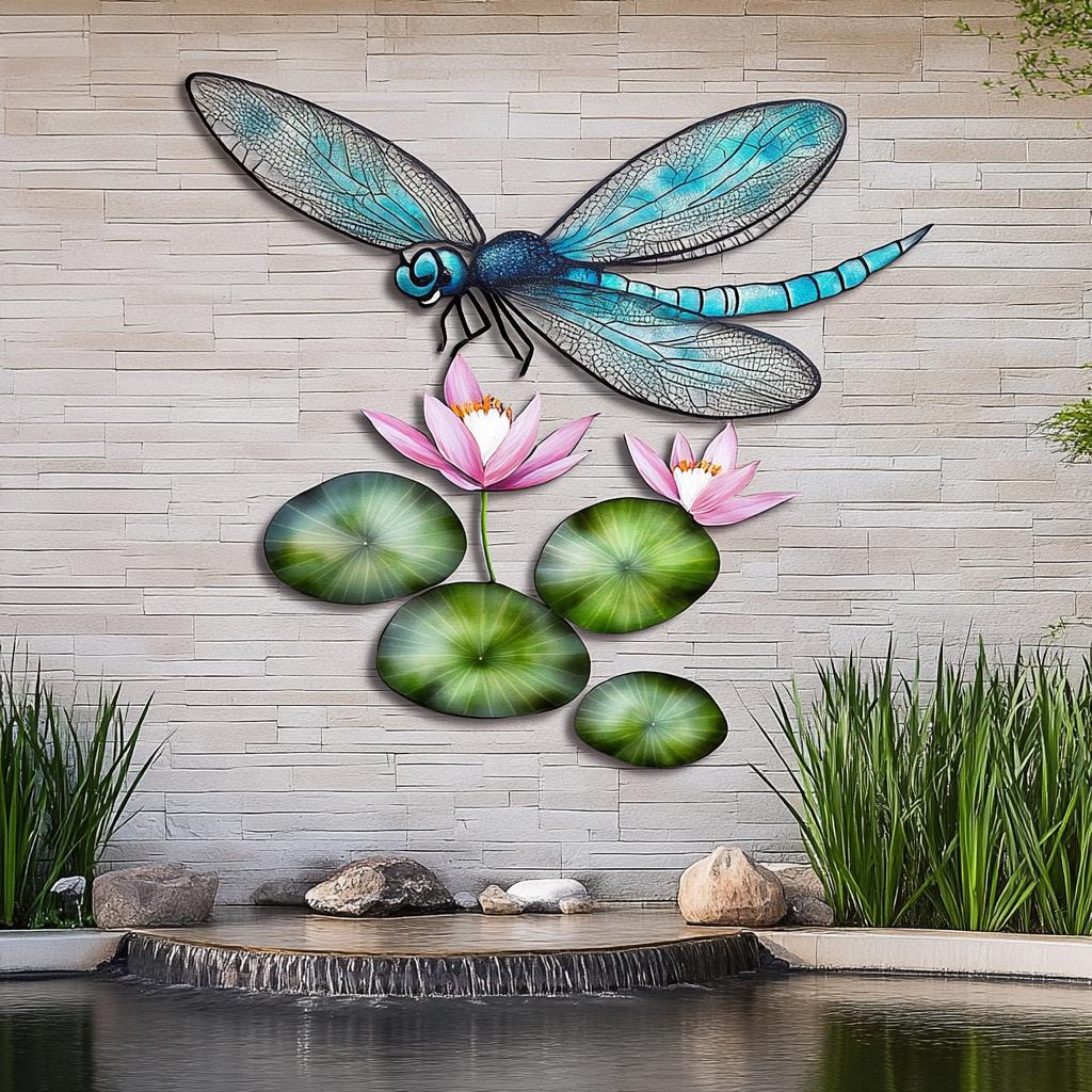 UV Printed Aluminum Dragonfly Water Lily Wall Art, Garden Pond Decor