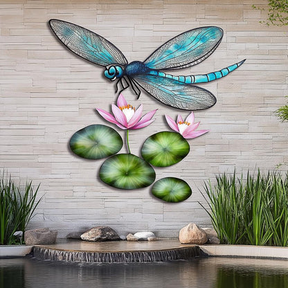 UV Printed Aluminum Dragonfly Water Lily Wall Art, Garden Pond Decor