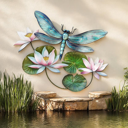 UV Printed Aluminum Dragonfly Water Lily Wall Art, Garden Pond Decor