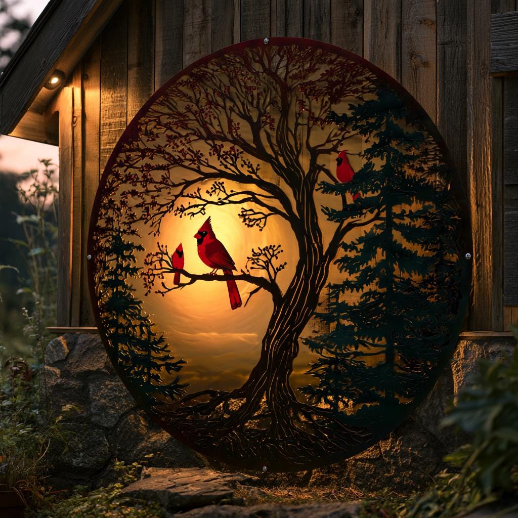 Cardinal Tree of Life Metal Wall Art Red Birds Garden Decor (UV Printed Aluminum)