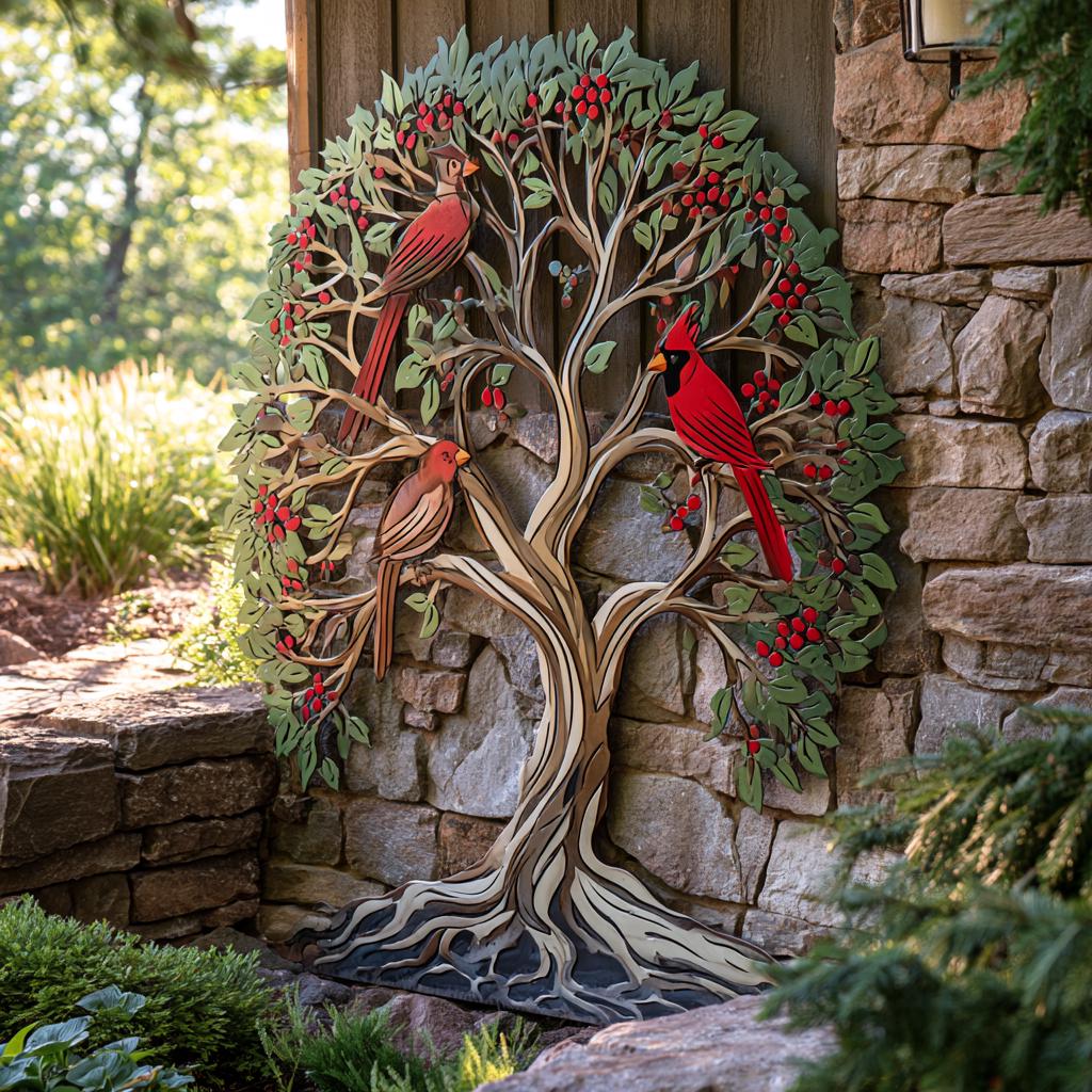 Cardinal Tree of Life Metal Wall Art Red Birds Garden Decor (UV Printed Aluminum)