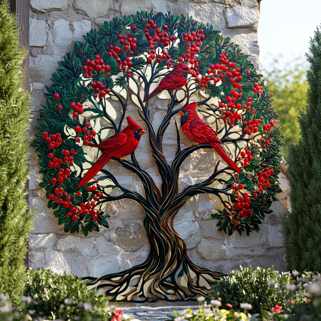 Red Cardinal Tree of Life Metal Wall Art, Autumn Garden Decor (UV Printed Aluminum)