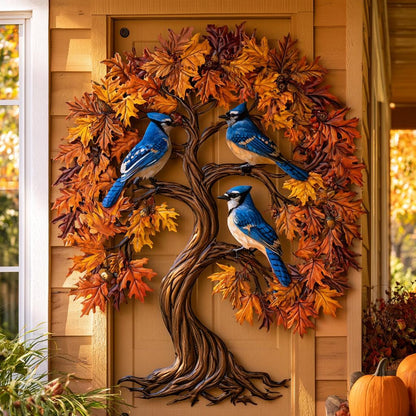 Blue Jay Tree of Life Metal Wall Art: Autumn Bird Decor (UV Printed Aluminum)