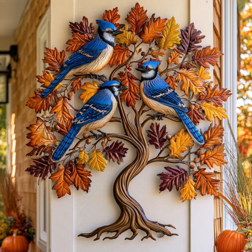 Blue Jay Tree of Life Metal Wall Art: Autumn Bird Decor (UV Printed Aluminum)
