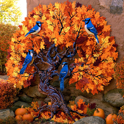 Blue Jay Tree of Life Metal Wall Art: Autumn Bird Decor (UV Printed Aluminum)