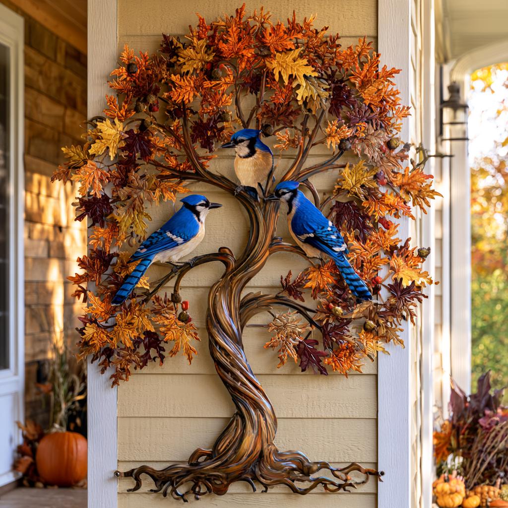 Blue Jay Tree of Life Metal Wall Art: Autumn Bird Decor (UV Printed Aluminum)