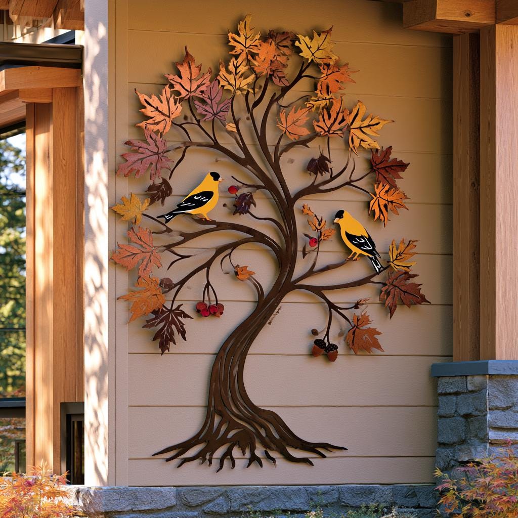 Goldfinch Tree of Life Metal Wall Art: Autumn Bird Garden Decor (UV Printed Aluminum)