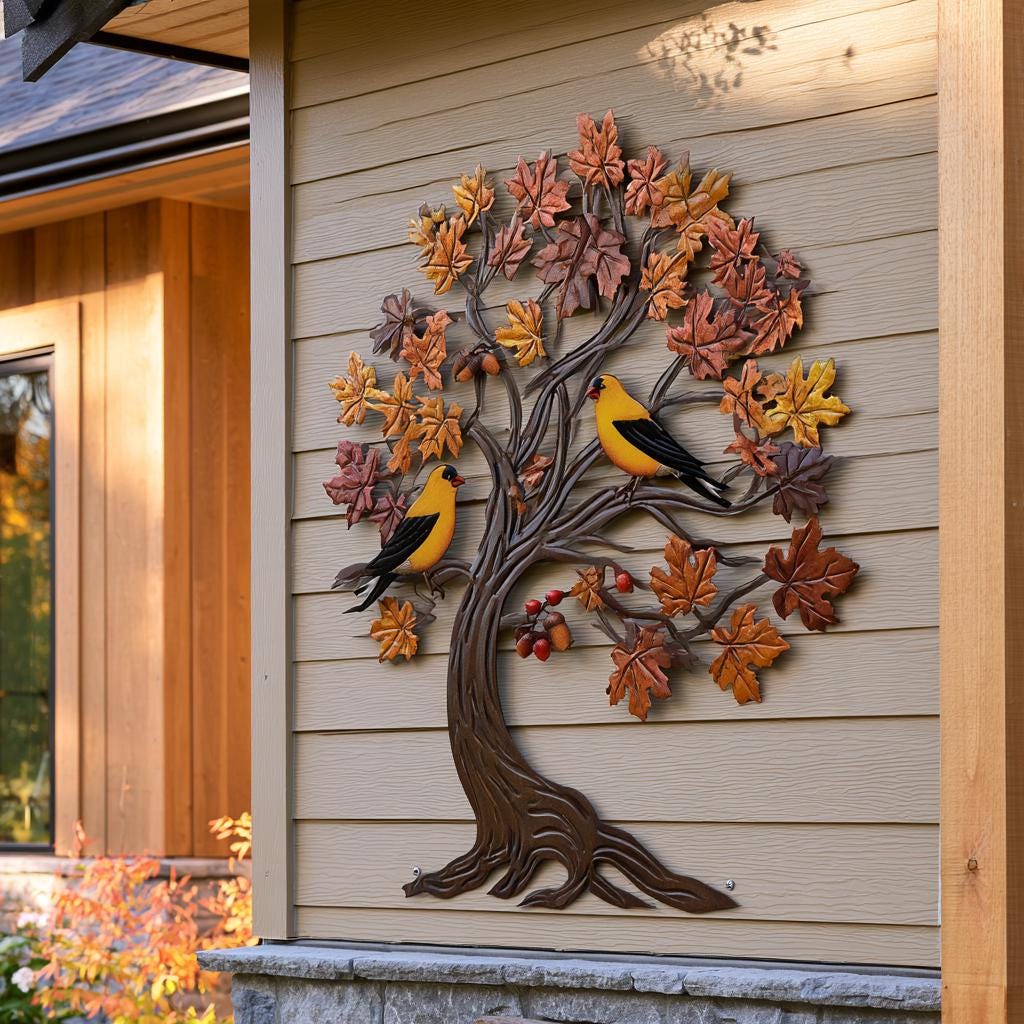 Goldfinch Tree of Life Metal Wall Art: Autumn Bird Garden Decor (UV Printed Aluminum)