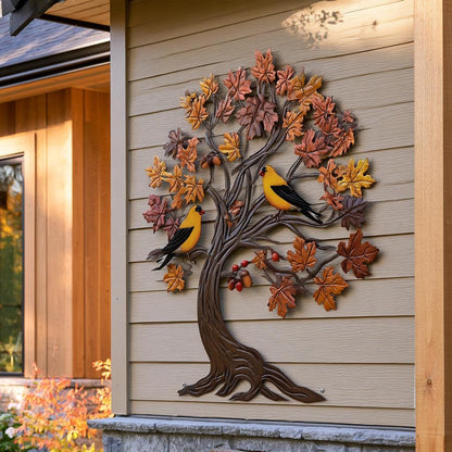 Goldfinch Tree of Life Metal Wall Art: Autumn Bird Garden Decor (UV Printed Aluminum)
