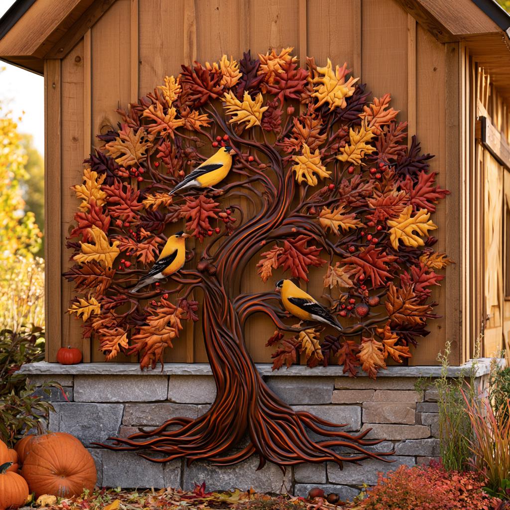 Goldfinch Tree of Life Metal Wall Art: Autumn Bird Garden Decor (UV Printed Aluminum)