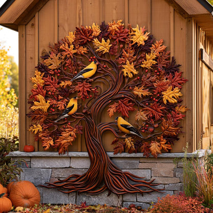 Goldfinch Tree of Life Metal Wall Art: Autumn Bird Garden Decor (UV Printed Aluminum)