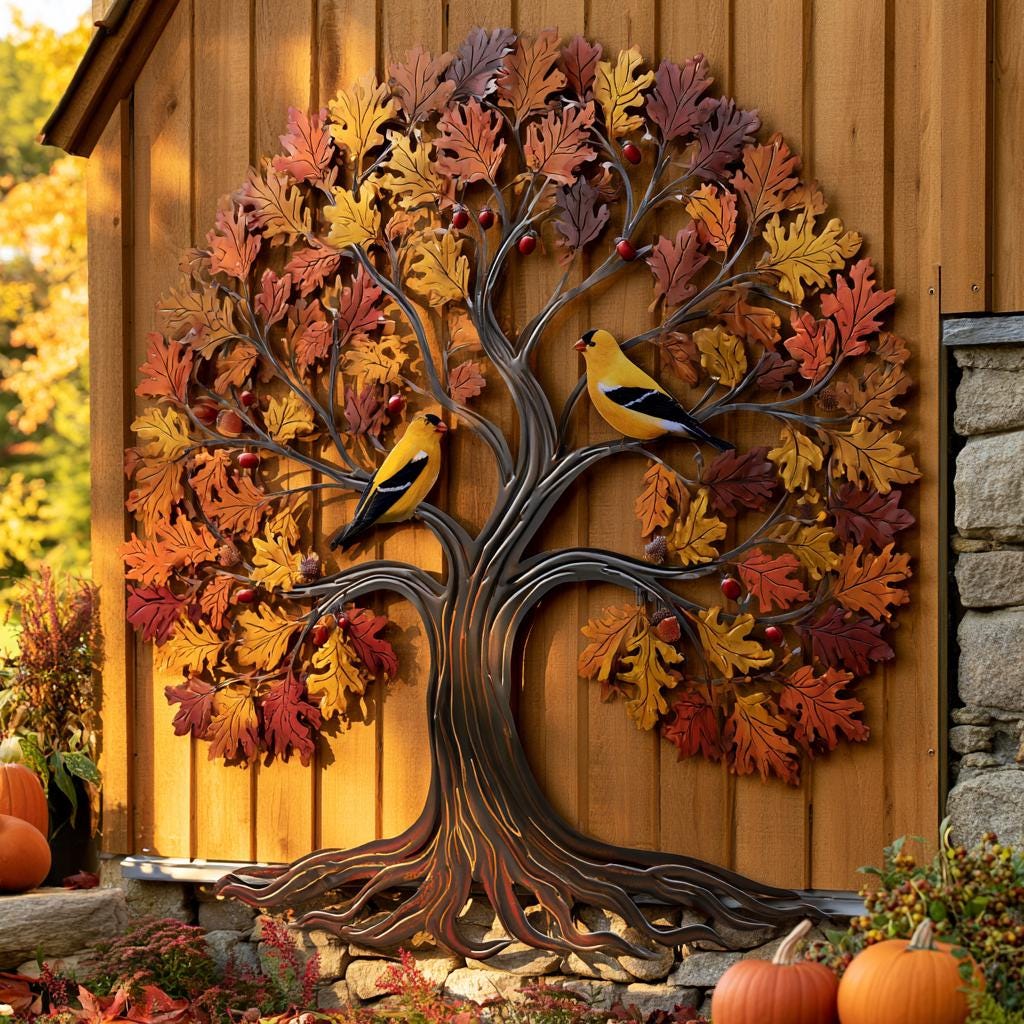 Goldfinch Tree of Life Metal Wall Art: Autumn Bird Garden Decor (UV Printed Aluminum)