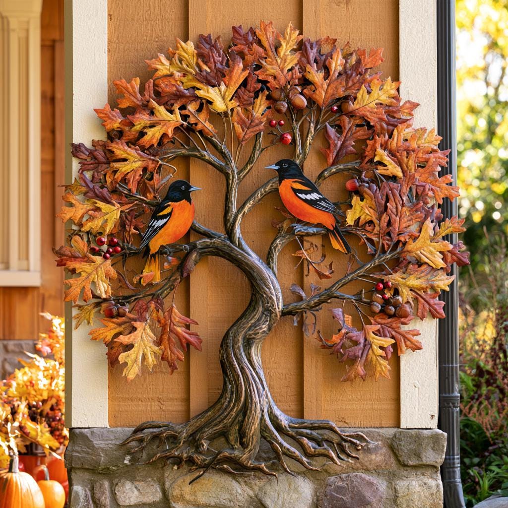 Baltimore Oriole Tree of Life Metal Wall Art, Autumn Bird Decor (UV Printed Aluminum)