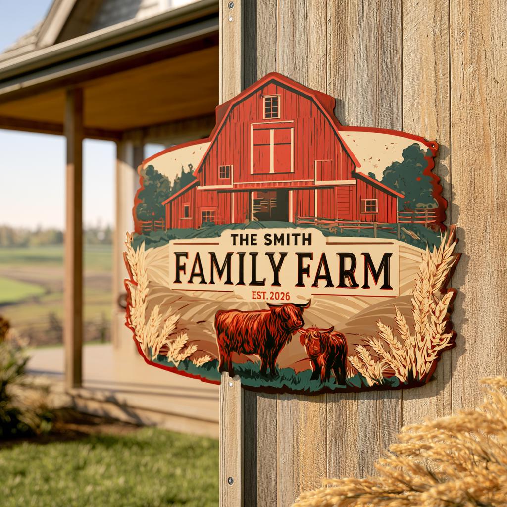 Personalized Family Farm Metal Sign: Highland Cow Barn Art (UV Printed Aluminum)