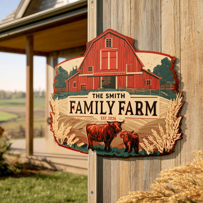 Personalized Family Farm Metal Sign: Highland Cow Barn Art (UV Printed Aluminum)
