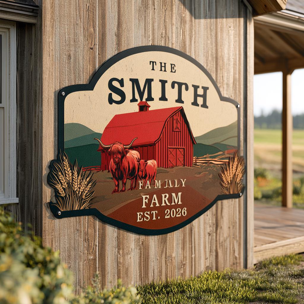 Personalized Family Farm Metal Sign: Highland Cow Barn Art (UV Printed Aluminum)