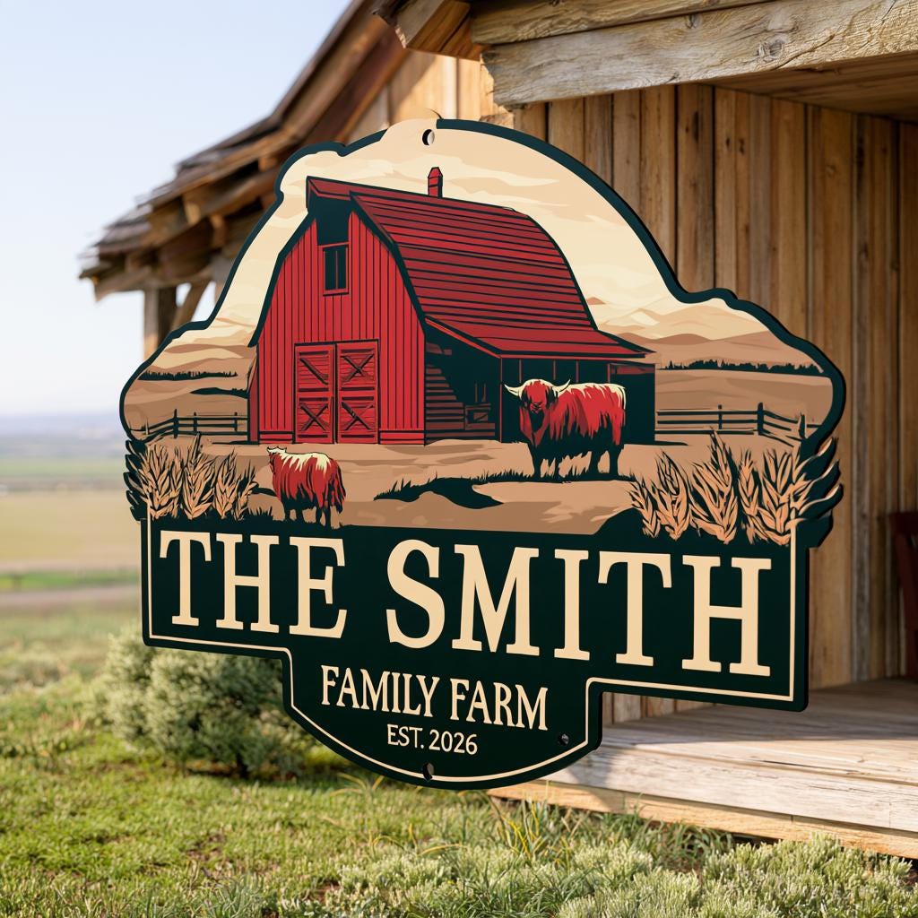 Personalized Family Farm Metal Sign: Highland Cow Barn Art (UV Printed Aluminum)