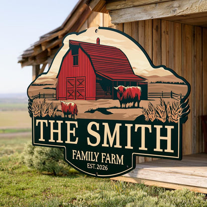 Personalized Family Farm Metal Sign: Highland Cow Barn Art (UV Printed Aluminum)
