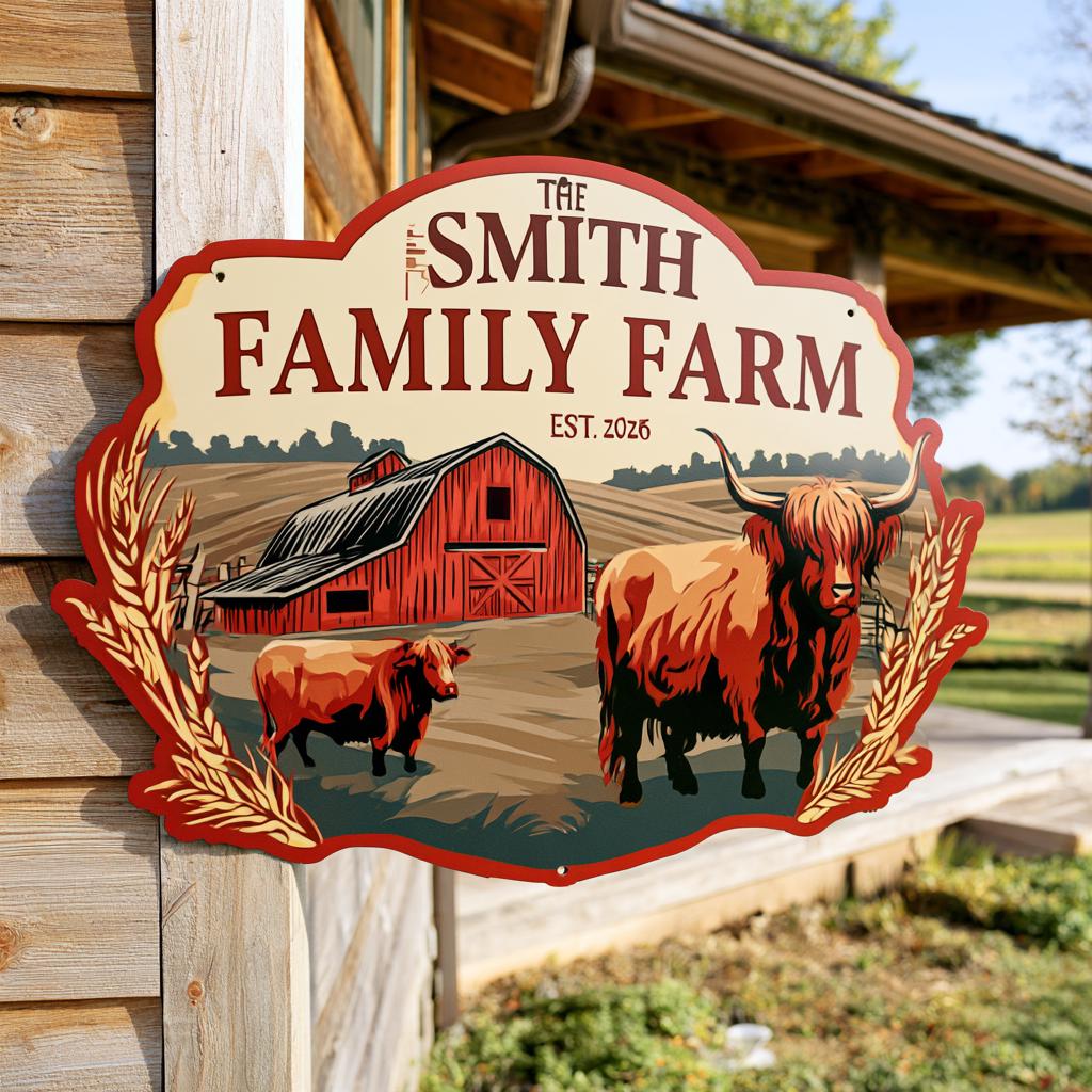 Personalized Family Farm Metal Sign: Highland Cow Barn Art (UV Printed Aluminum)