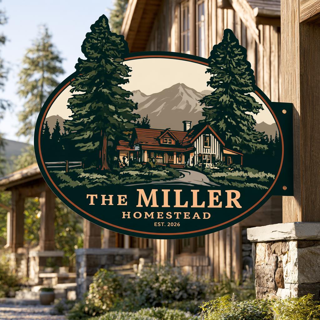 Custom Family Name Homestead Metal Sign: Mountain Farmhouse Wall Art (UV Printed Aluminum)