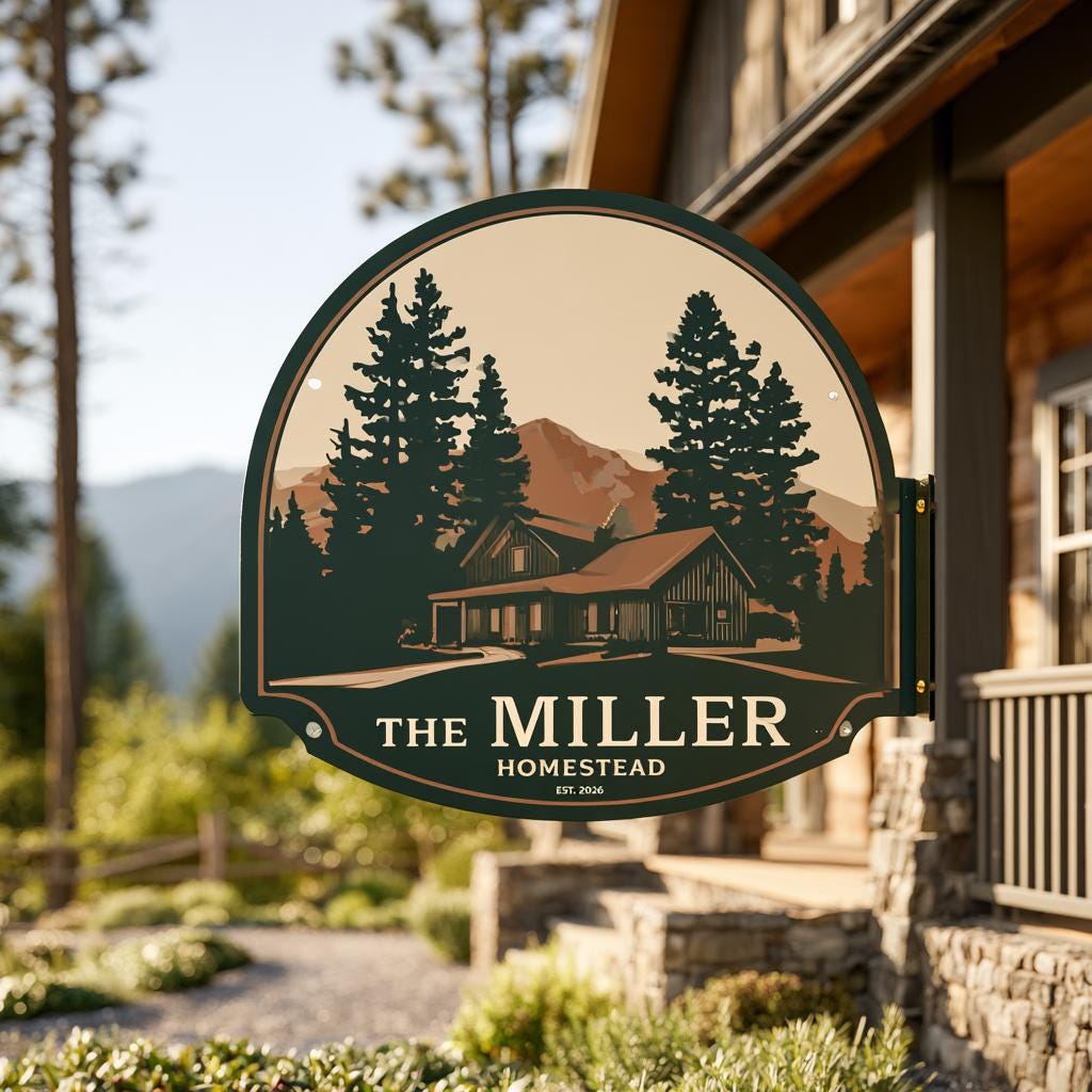 Custom Family Name Homestead Metal Sign: Mountain Farmhouse Wall Art (UV Printed Aluminum)