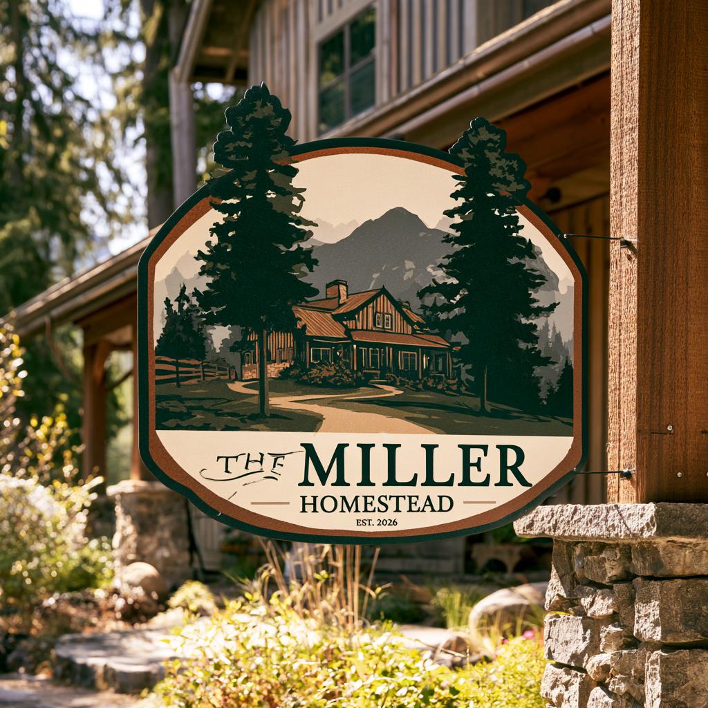 Custom Family Name Homestead Metal Sign: Mountain Farmhouse Wall Art (UV Printed Aluminum)