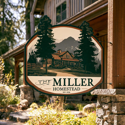 Custom Family Name Homestead Metal Sign: Mountain Farmhouse Wall Art (UV Printed Aluminum)