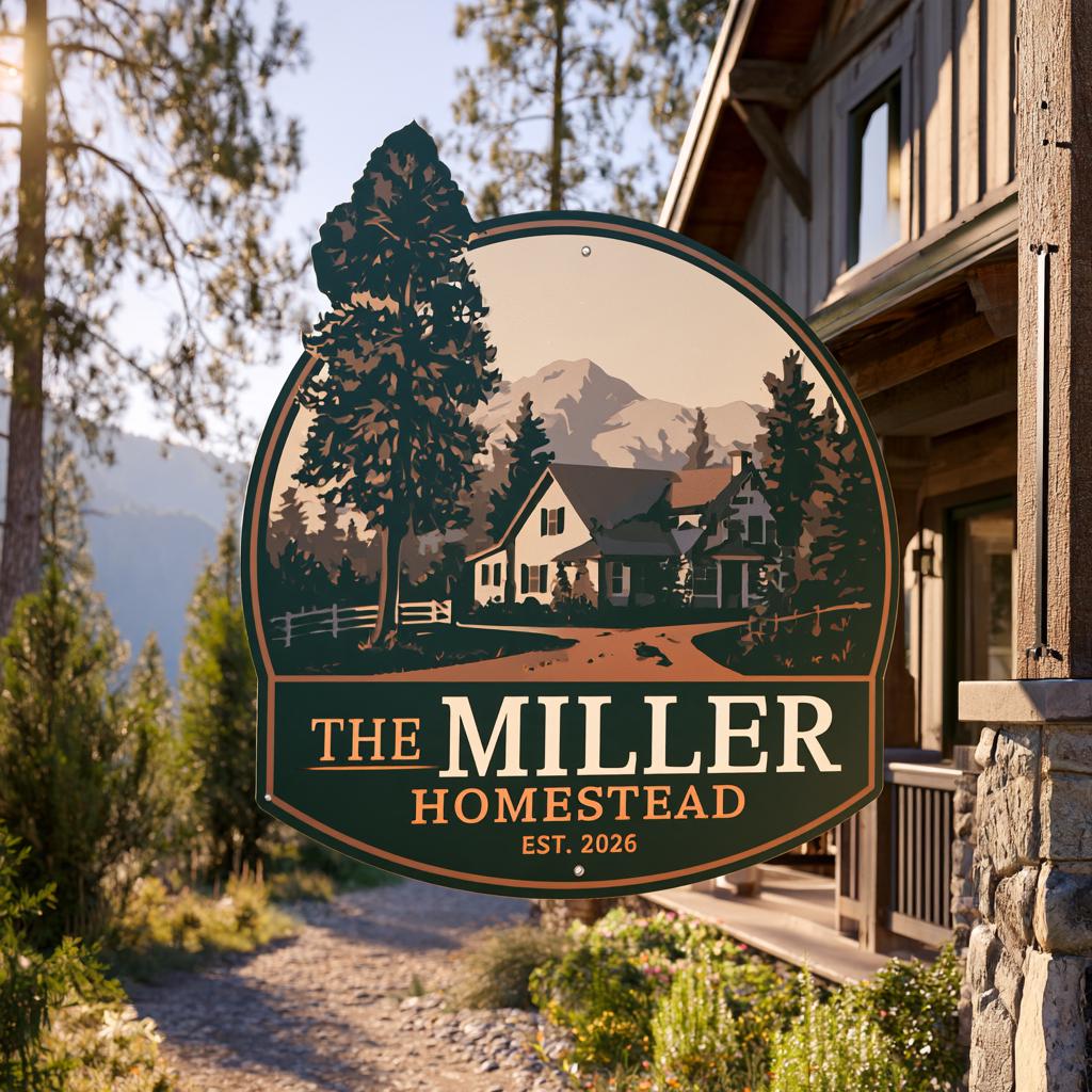 Custom Family Name Homestead Metal Sign: Mountain Farmhouse Wall Art (UV Printed Aluminum)