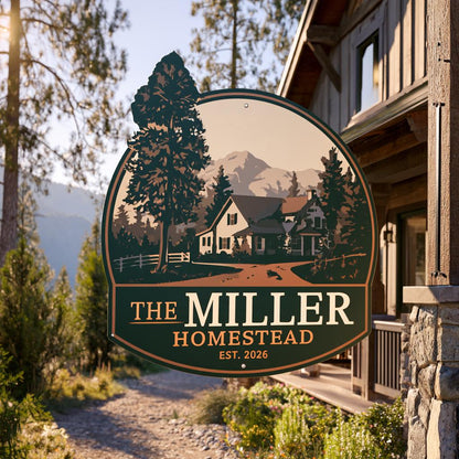 Custom Family Name Homestead Metal Sign: Mountain Farmhouse Wall Art (UV Printed Aluminum)