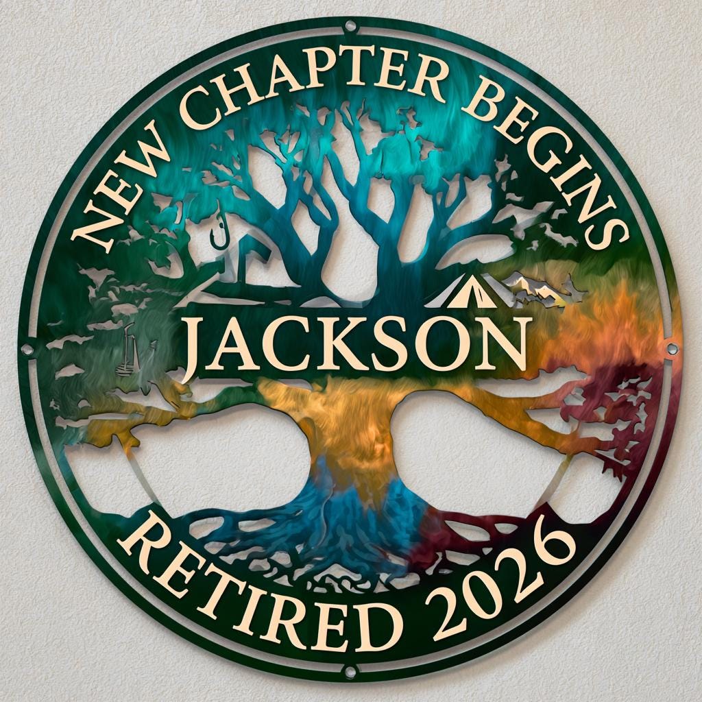 Personalized Retirement Metal Wall Art: Tree of Life, New Chapter Sign (UV Printed Aluminum)