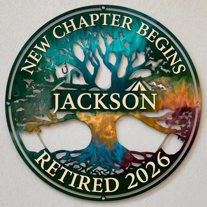 Personalized Retirement Metal Wall Art: Tree of Life, New Chapter Sign (UV Printed Aluminum)