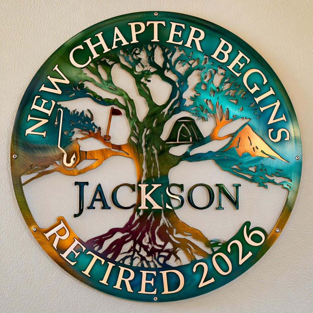 Personalized Retirement Metal Wall Art: Tree of Life, New Chapter Sign (UV Printed Aluminum)