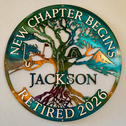 Personalized Retirement Metal Wall Art: Tree of Life, New Chapter Sign (UV Printed Aluminum)
