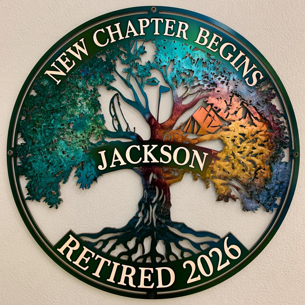 Personalized Retirement Metal Wall Art: Tree of Life, New Chapter Sign (UV Printed Aluminum)