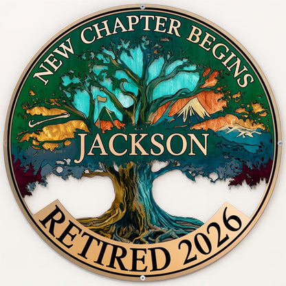 Personalized Retirement Metal Wall Art: Tree of Life, New Chapter Sign (UV Printed Aluminum)