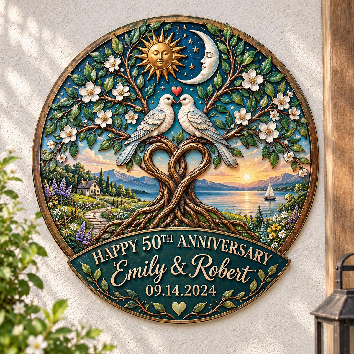 Personalized 50th Anniversary Tree of Life Wall Art, UV Printed Aluminum Metal Sign
