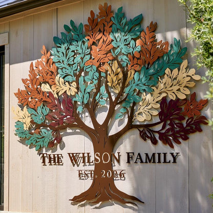 Personalized Family Name Tree Metal Wall Art – Custom Rustic Farmhouse Decor (UV Printed Aluminum)