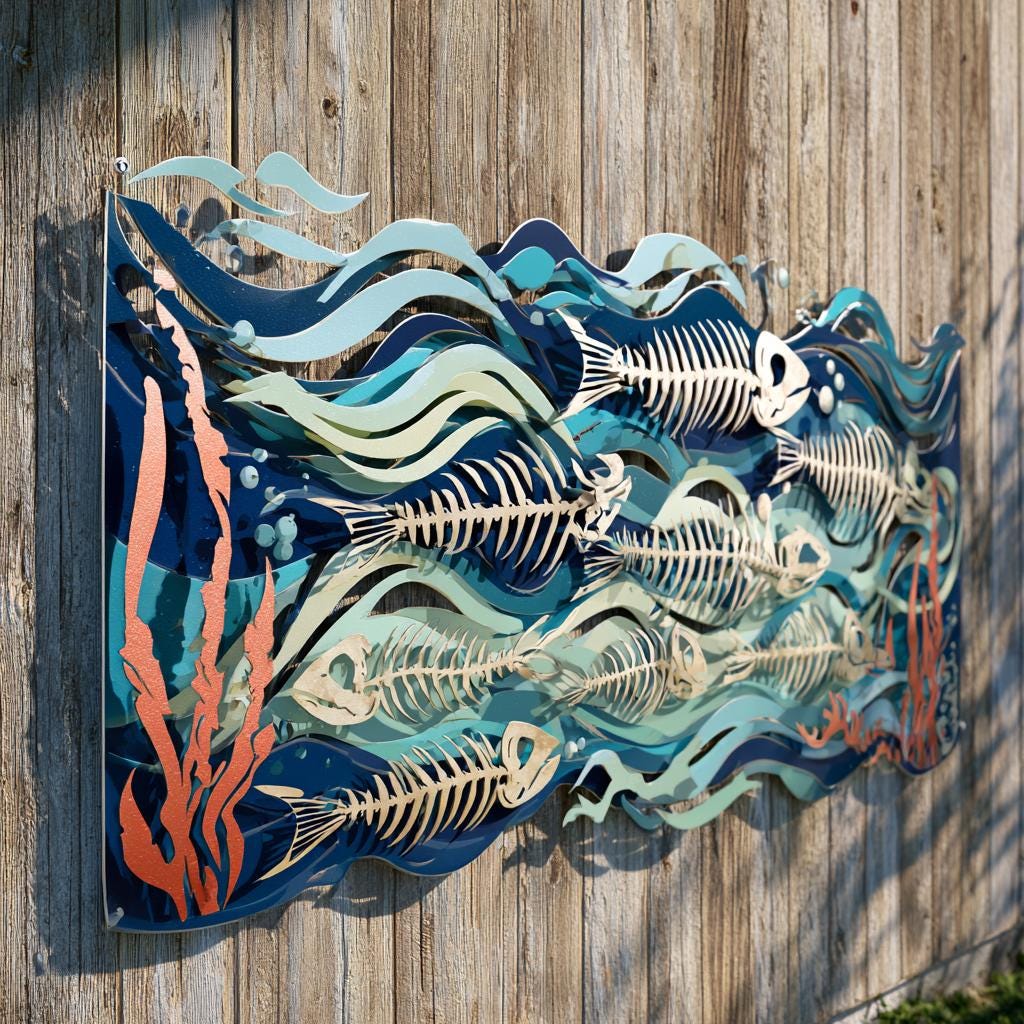 UV Printed Aluminum Metal Wall Art: School of Fish Skeletons, Coastal Ocean Decor