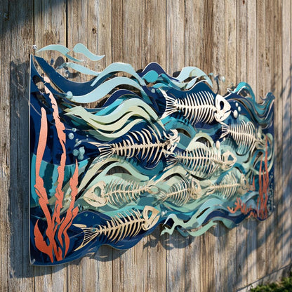 UV Printed Aluminum Metal Wall Art: School of Fish Skeletons, Coastal Ocean Decor