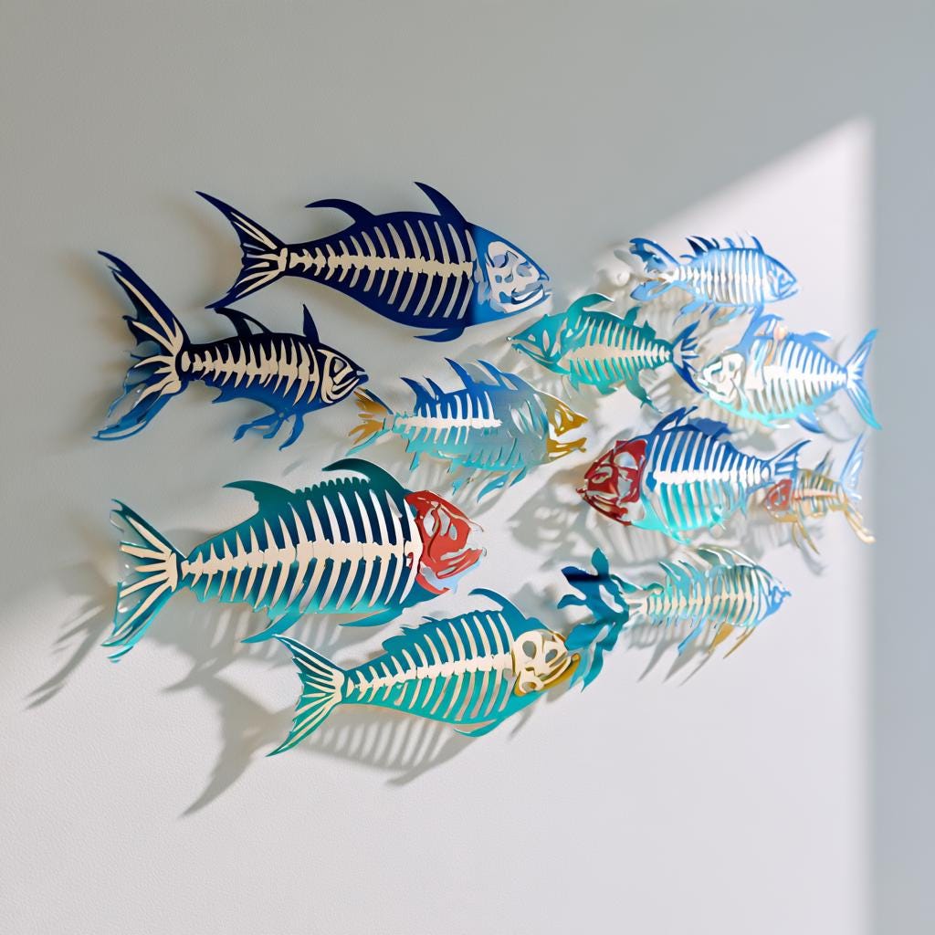 UV Printed Aluminum Metal Wall Art: School of Fish Skeletons, Coastal Ocean Decor