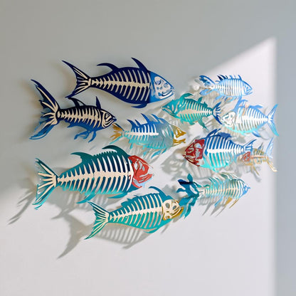 UV Printed Aluminum Metal Wall Art: School of Fish Skeletons, Coastal Ocean Decor