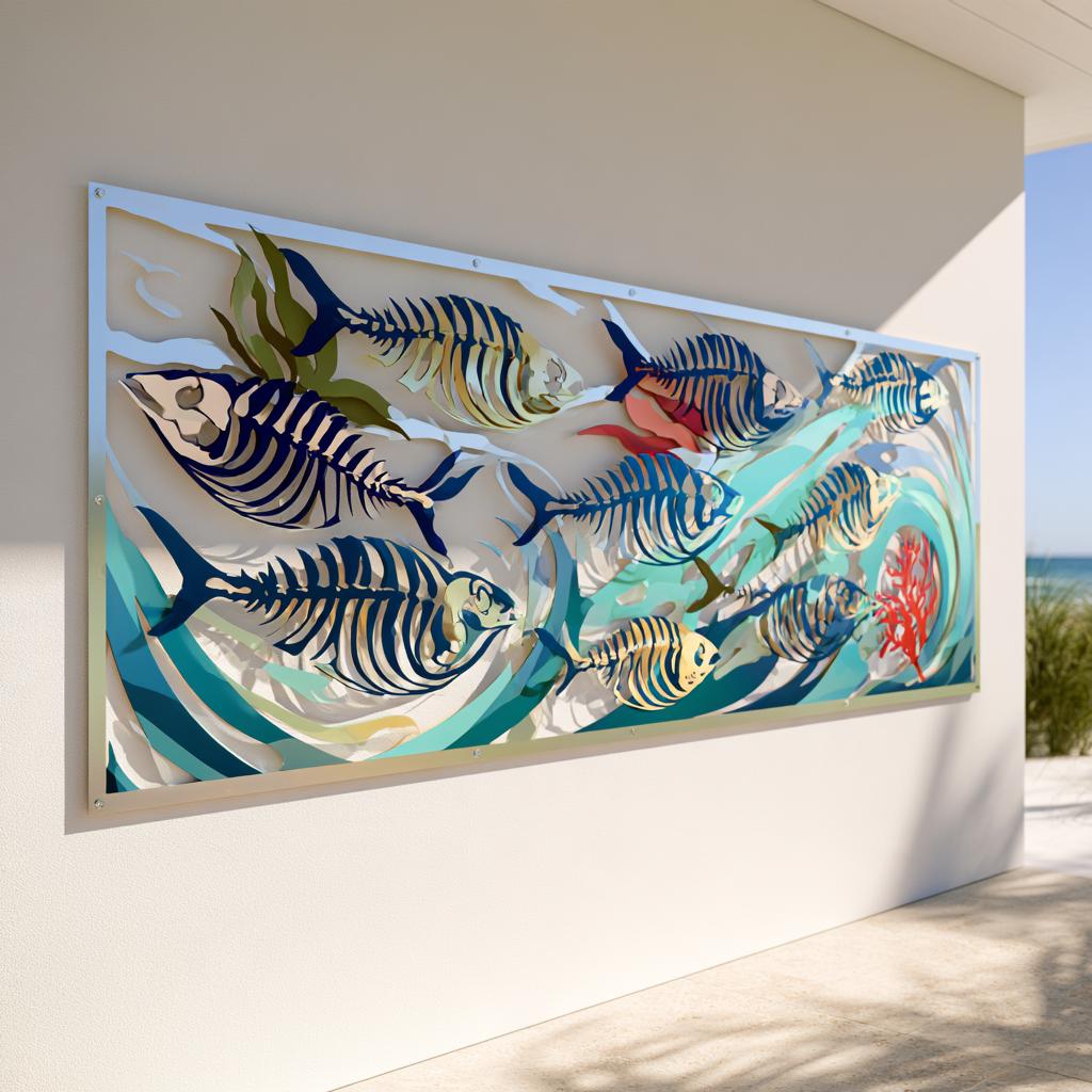 UV Printed Aluminum Metal Wall Art: School of Fish Skeletons, Coastal Ocean Decor