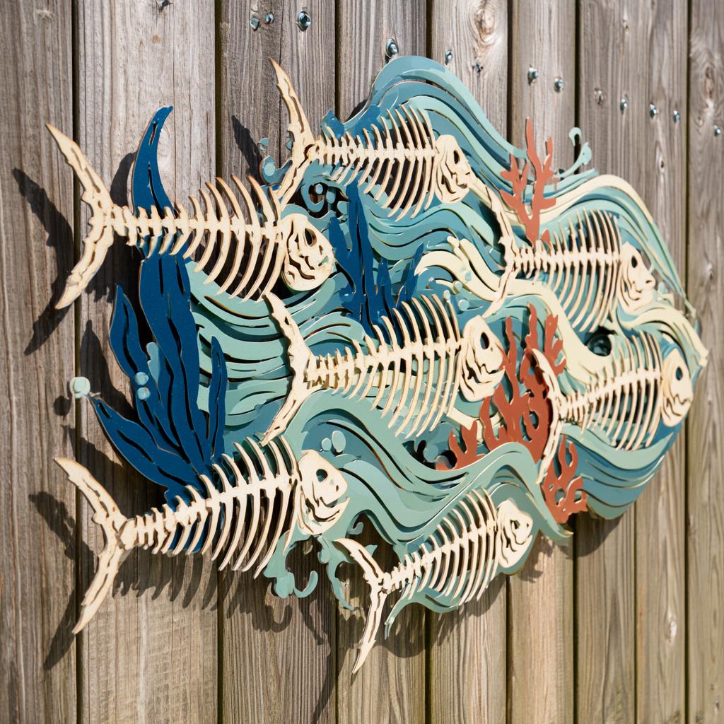 UV Printed Aluminum Metal Wall Art: School of Fish Skeletons, Coastal Ocean Decor