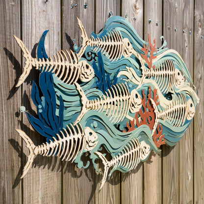 UV Printed Aluminum Metal Wall Art: School of Fish Skeletons, Coastal Ocean Decor