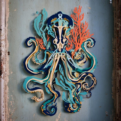 UV Printed Aluminum Octopus Skeleton Wall Art: Coastal Ocean Decor (2D Metal Sign)