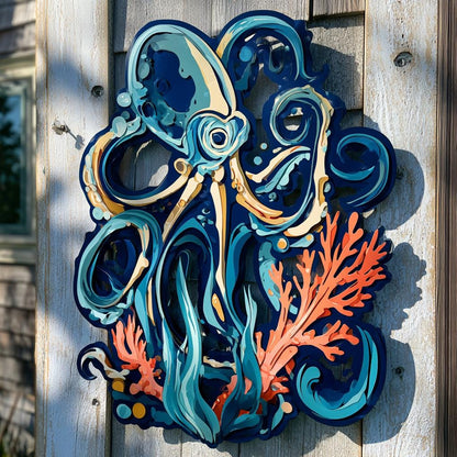 UV Printed Aluminum Octopus Skeleton Wall Art: Coastal Ocean Decor (2D Metal Sign)