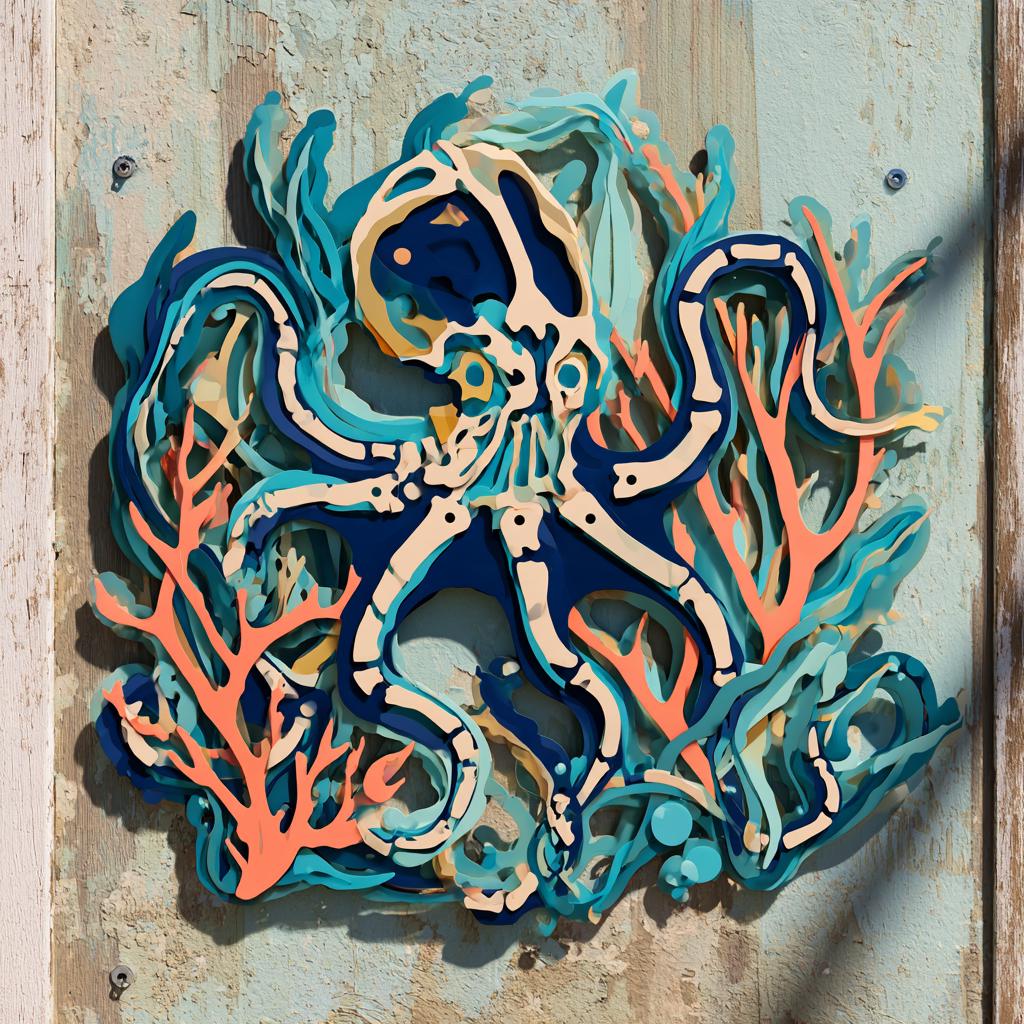UV Printed Aluminum Octopus Skeleton Wall Art: Coastal Ocean Decor (2D Metal Sign)