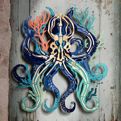 UV Printed Aluminum Octopus Skeleton Wall Art: Coastal Ocean Decor (2D Metal Sign)