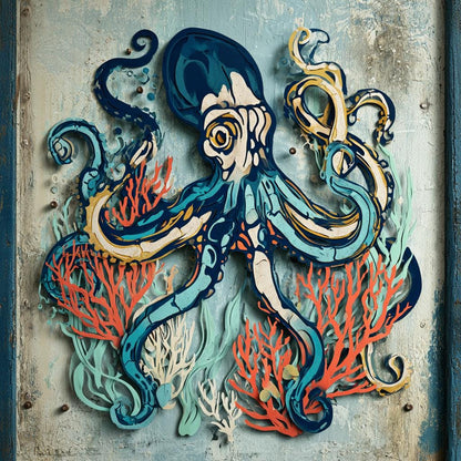 UV Printed Aluminum Octopus Skeleton Wall Art: Coastal Ocean Decor (2D Metal Sign)